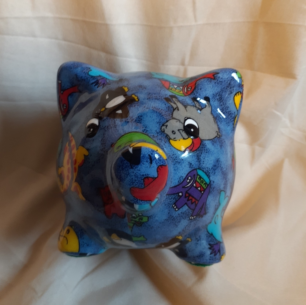 Ceramic Blue Piggy Bank with different animals